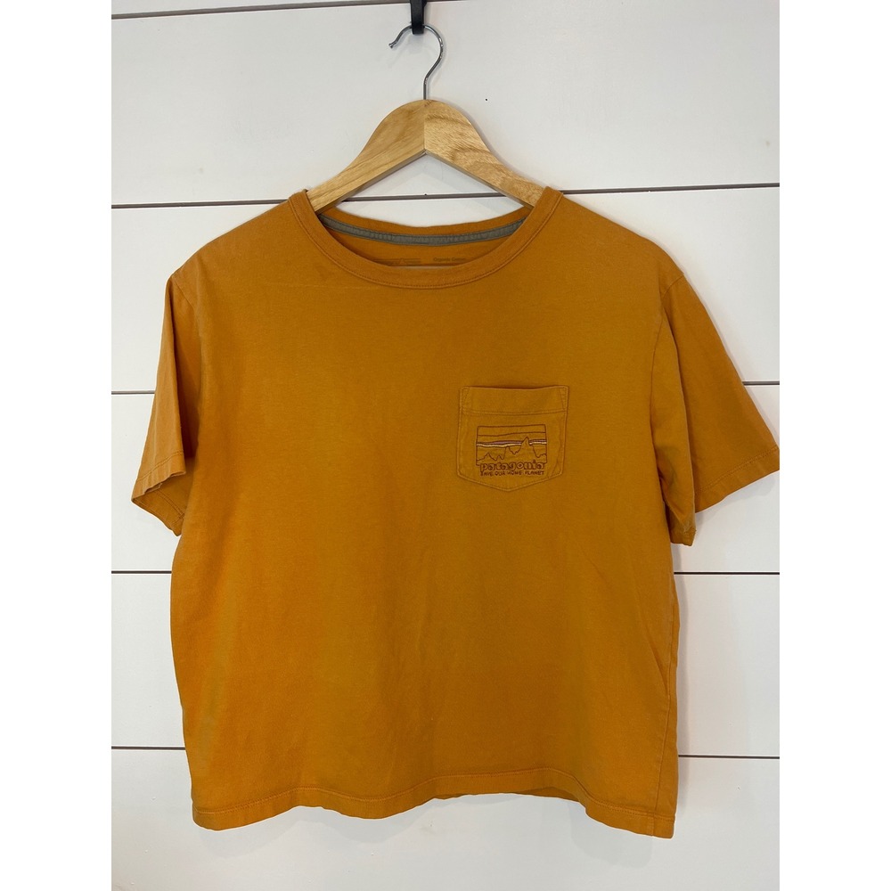 Patagonia Organic Cotton Pocket T-Shirt Mustard Yellow Women Small Crop Tee